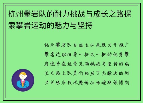 杭州攀岩队的耐力挑战与成长之路探索攀岩运动的魅力与坚持